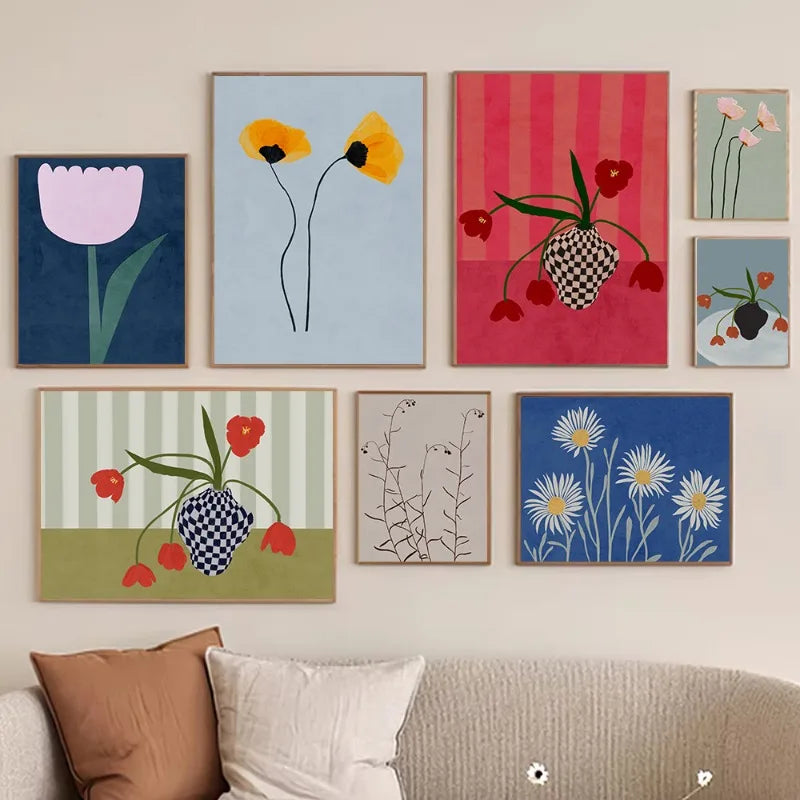 Contemporary Botanical Wall Print Minimalist Scandi Style Tulips Cherry Blossom Poster Neutral Ash Tones Wildflowers Canvas Art
