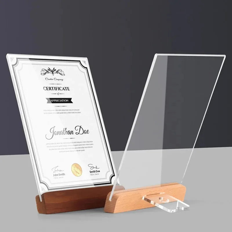 Acrylic Photo Frame Holder Transparent A4/A5/A6 Picture Certificate Camp Poster Display Stand Wooden Base Postcard Price Tag