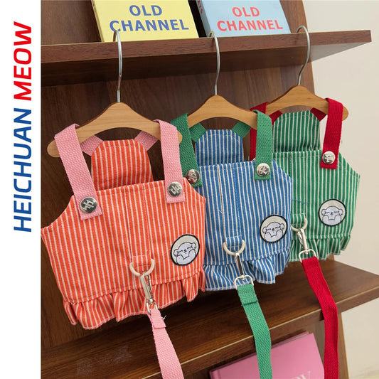 Korean Style Striped Pet Clothes, Dog Harness Leash Vest Combo for Teddy Cats Small Dogs, Cute Pet Apparel for Daily Walk