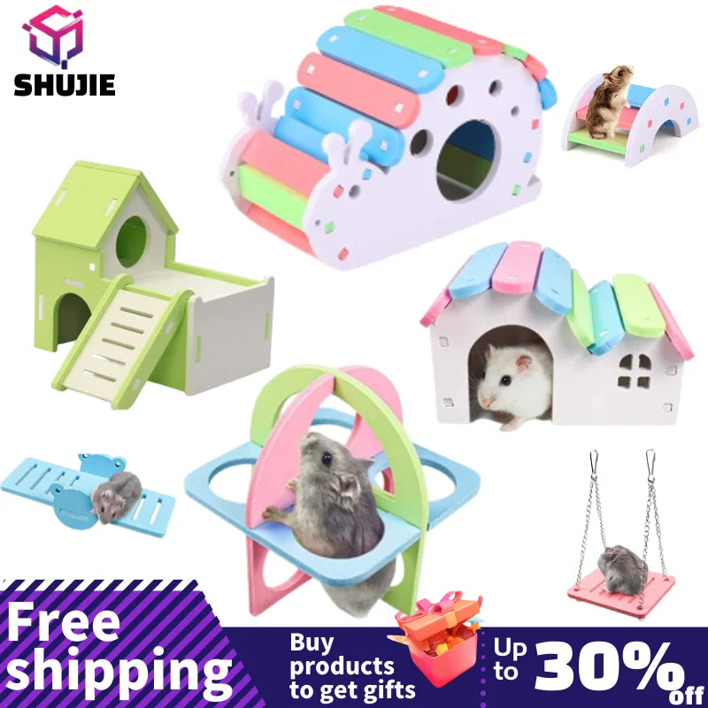 Pet Hamster Toys Wooden Rainbow Bridge Seesaw Swing House  Small Animal Activity Climb Toy DIY Hamster Cage Accessories