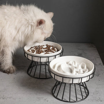 New ceramic high-legged cat bowl with large diameter, anti-choking, slow feeding, anti-knockover, neck-protecting dog bowl, pet