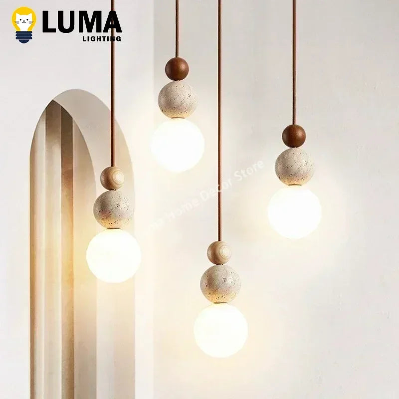 Luma Cream Style Yellow Travertine Pendant Lights, Nature Stone Wood Hanging Lamps for Bedroom Bedside Restaurant Kitchen Island