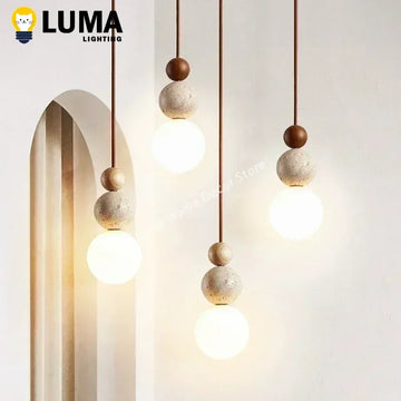 Luma Cream Style Yellow Travertine Pendant Lights, Nature Stone Wood Hanging Lamps for Bedroom Bedside Restaurant Kitchen Island