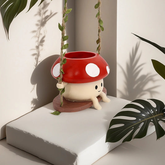 Hanging Succulent Planter Pot Cute Fun Mushroom Swing Face Planter Pot Resin Cartoon Mushroom Vase for Indoor Outdoor Plant