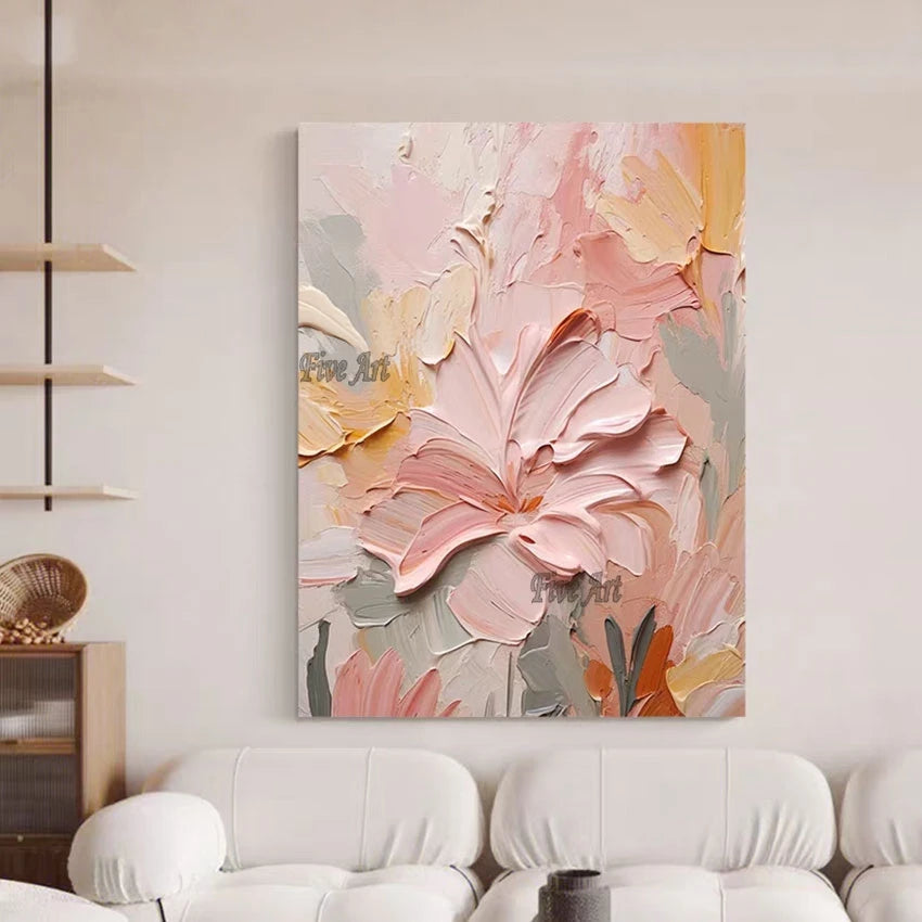 Modern Canvas Art Pink Simple Abstract With Heavy Texture Oil Painting Wall Picture For Restaurant Home Decoration Unframed