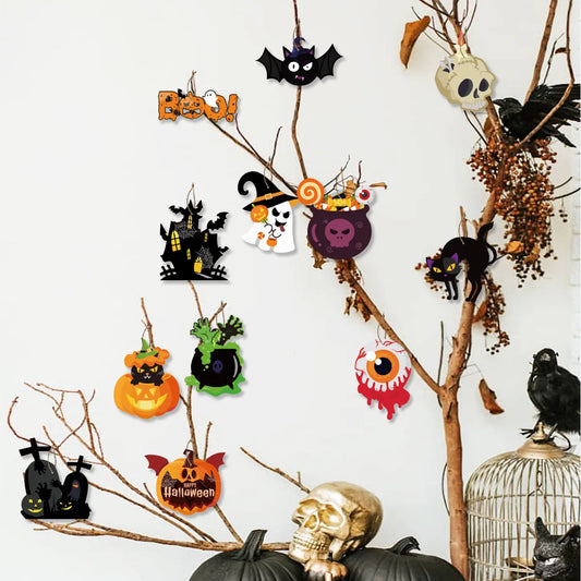Halloween Wooden Hanging Ornaments Halloween Tree Decorations Ghost Pumpkin Skull Ghost House for Trick or Treat Party Supplies