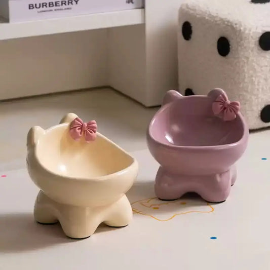 Ceramic Cat Bowl Solid Color Bow High Foot Shockproof Protection Cervical Spine Snack Tray Cat Supplies Cat Food Water Bowl