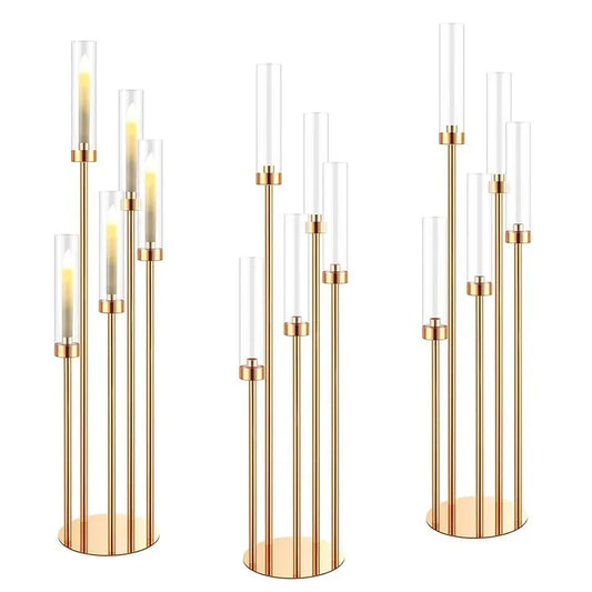 2-10pcs 5/8 Heads Metal Candelabra Candle Holders Road Lead Table Centerpiece Gold Candelabrum Stand Pillar Candlestick 2wedding