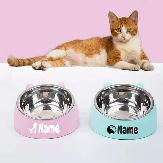 Custom Cat Dog Bowl 15 Degrees Raised Non Slip Puppy Base Cat Food DrinkingStainless Steel  Water Feeder Tilt Safeguard Neck Pet