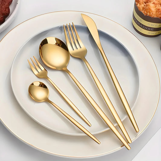 30Pcs Golden Silver Cutlery Set Stainless Steel Knife Fork Spoon Tableware Flatware Set Festival Kitchen Upscale Cutlery Set