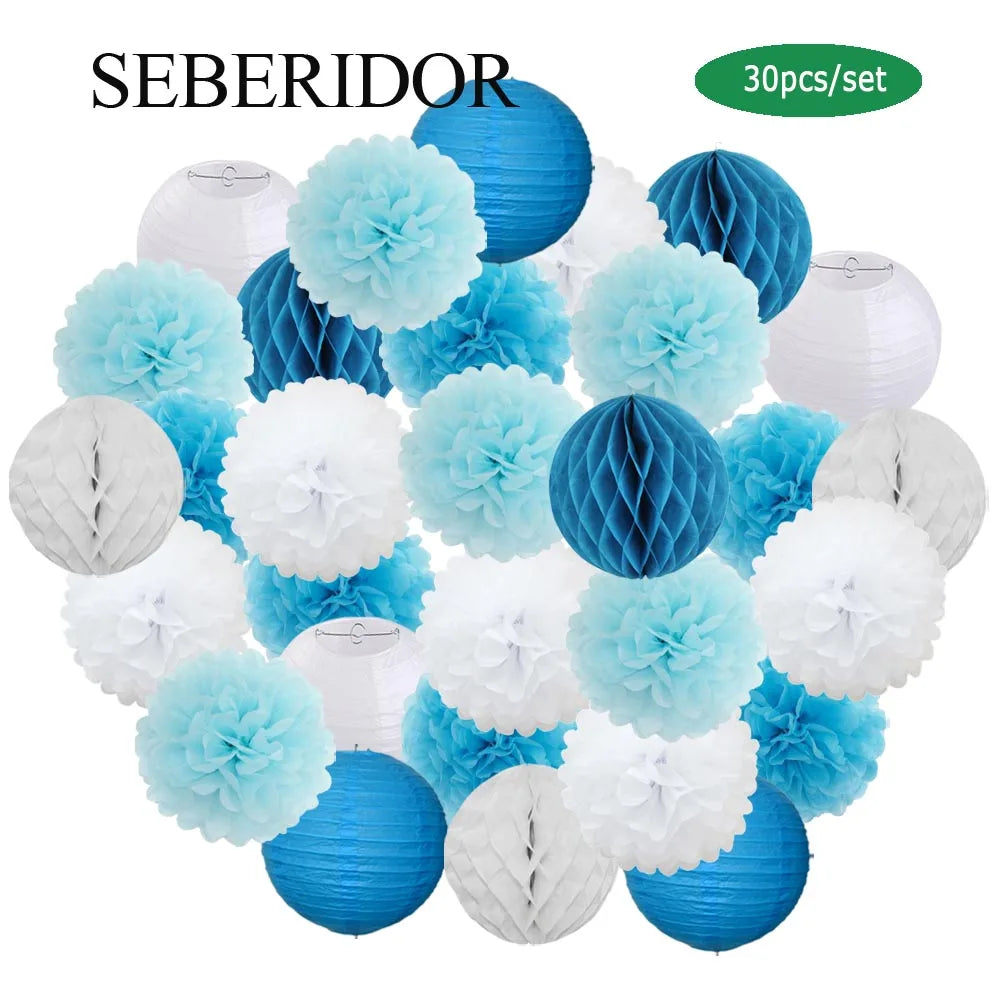 30pcs/Set Holiday Festival Decor Blue White Paper Lantern 6“ 8” 10“ 12” Baby Baptism Birthday Party Favor Hanging Tissue Pom