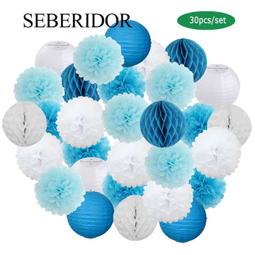 30pcs/Set Holiday Festival Decor Blue White Paper Lantern 6“ 8” 10“ 12” Baby Baptism Birthday Party Favor Hanging Tissue Pom