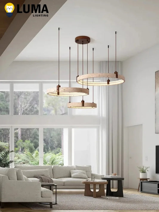 Wabi-Sabi Japanese Style Yellow Travertine Ring Chandeliers, Natural Cave Stone Circle Pendant Light Livingroom Home Decor