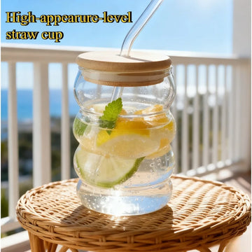 Hot Cold Drink Glass Loop Cup High Borosilicate with Straw Spiral Ripple Caterpillar Design