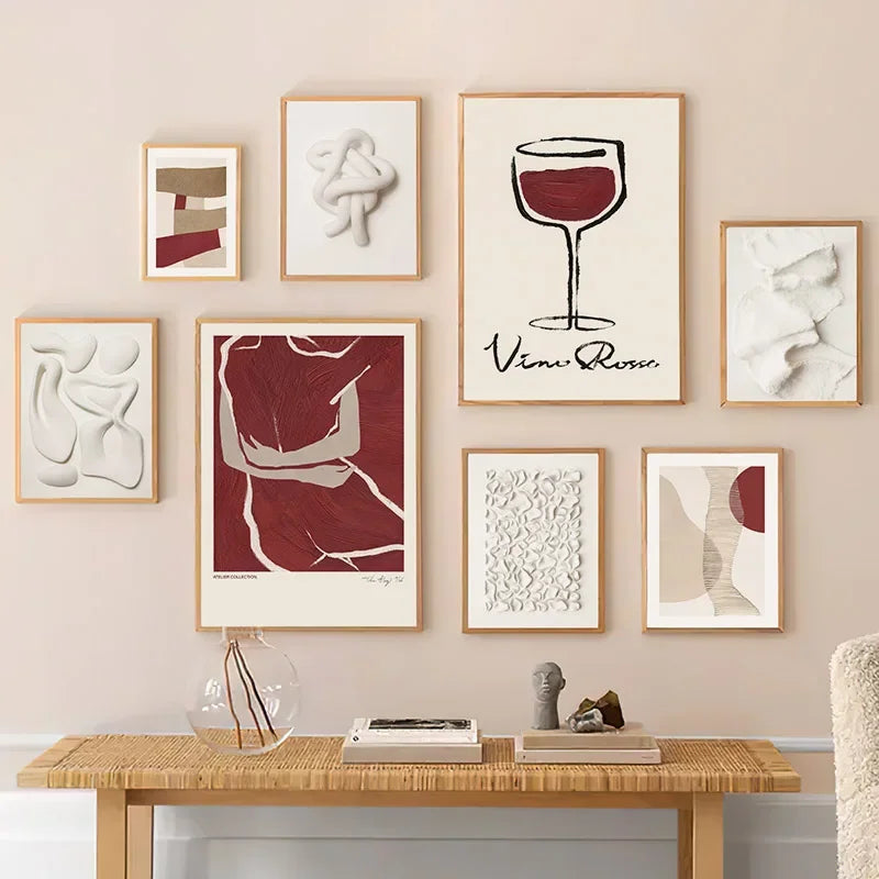 Modern Abstract Red Wine Line Body White Hug Wall Art Canvas Print - Living Room Salon Decorative Poster