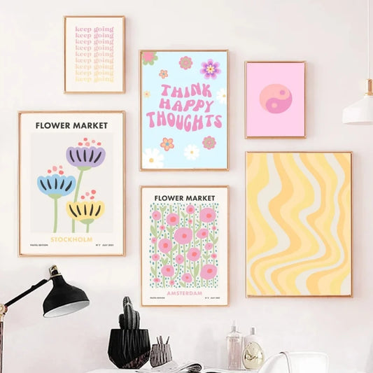 Abstract Danish Pastel Wall Art Poster Prints Purple Checkered Smiley Flower Canvas Painting Picture for Living Room Home Decor