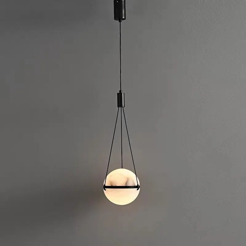 Elegant natural marble pendant lamp round stone ball chandelier LED warm light for indoor use