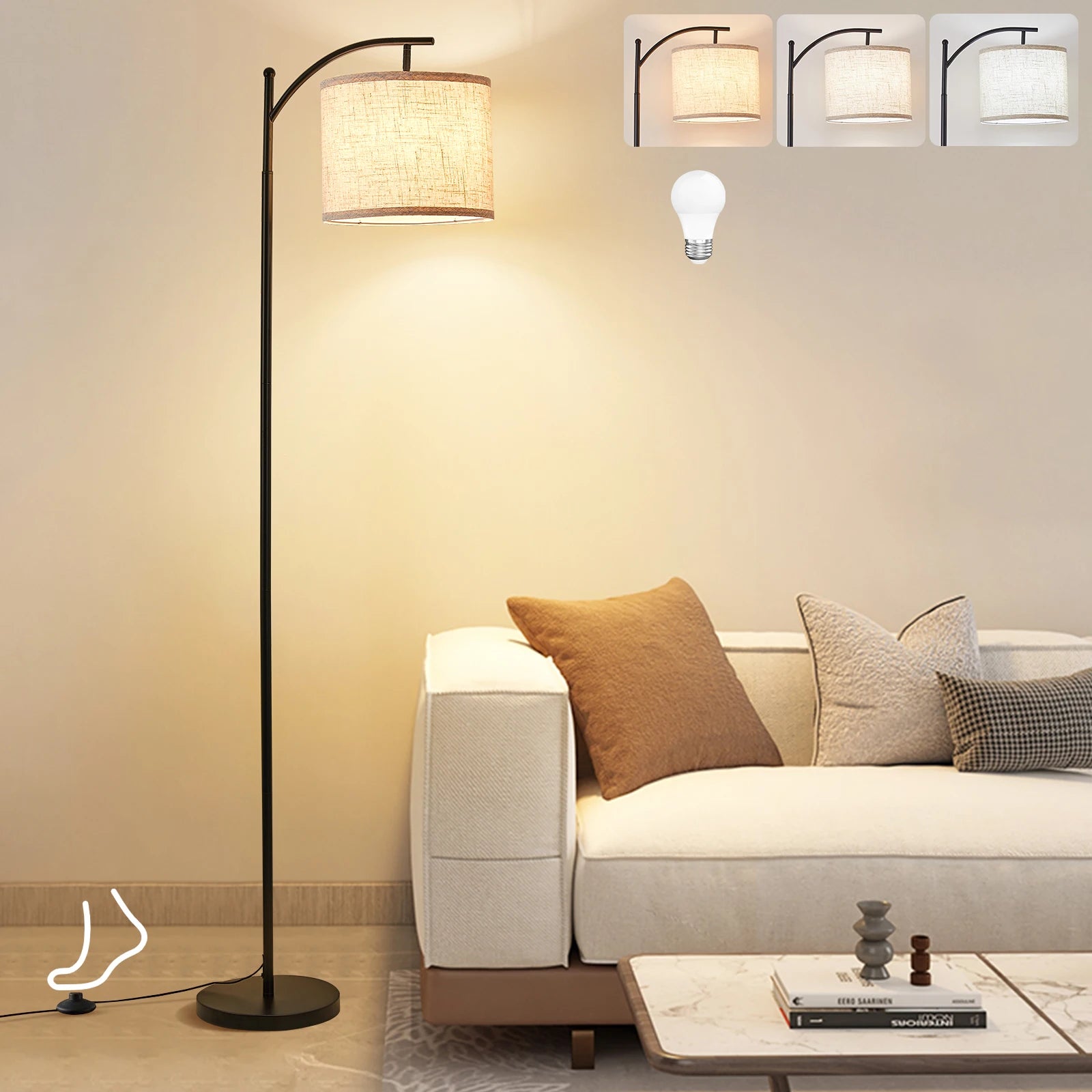Floor Lamp for Living Room with 3 Color Temperatures Standing Lamp with Linen Lampshade Rotation Adjustment for Bedroom Office