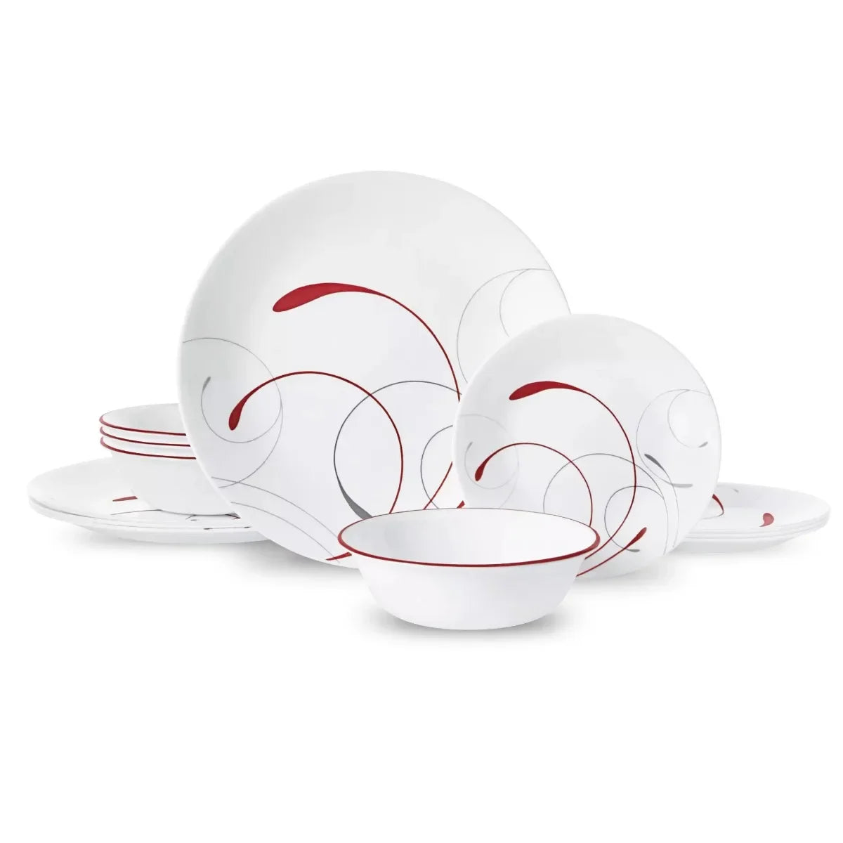 White and Red Dinnerware Set, 12-Piece Round Plates and Bowls, Ceramic Dish Set, Service for 4, Durable Dishwasher Safe