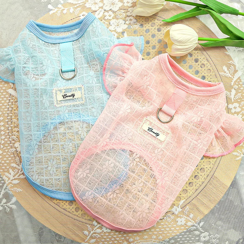 Summer Sunproof Pet Vest Elastic Pet Dog Clothes Cat T Shirt Kitty Cool Clothes Lace Mesh Flying Sleeve Costume Pink Blue Shirt