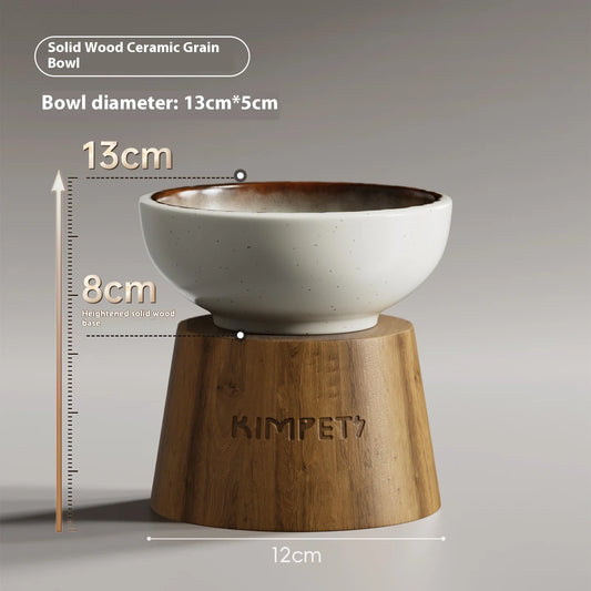Raised Ceramic Cat Bowl Pet Food Water Dish With Wood Stand Anti Spill Non Slip High Base Feeding Bowl Protect Neck Dogs Cats