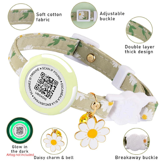 Waterproof Airtag Cat Collar, Kitten Collar Breakaway with Airtag Holder, QR tag & Flower Charm for Girl Cats Boy Cats Small Dog