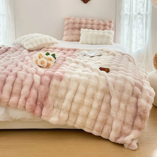 Luxury Double Layer Rabbit Fur Blanket Winter Thickened Warm Fluffy Faux Fur Throws Blankets for Sofa Tie-Dye Soft Plush Blanket