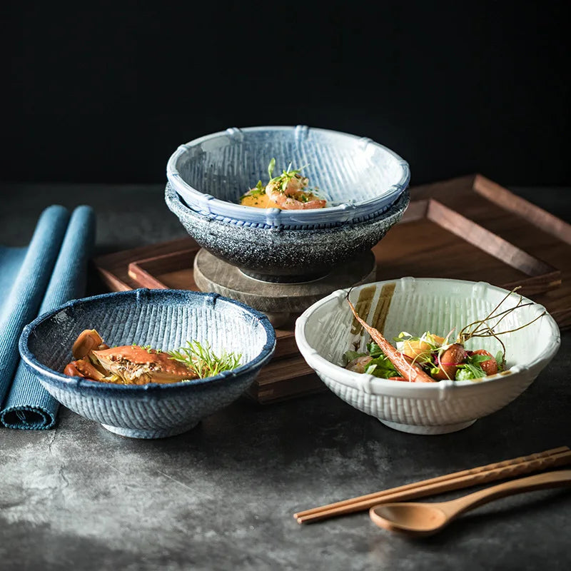 Japanese Style Tableware Set Bamboo Bowl Rib Retro Domestic Restaurant Table Salad Ceramic Rice Bowl