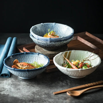 Japanese Style Tableware Set Bamboo Bowl Rib Retro Domestic Restaurant Table Salad Ceramic Rice Bowl