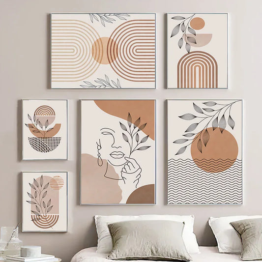 Abstract Girl Sun Lines Rainbow Leaf Wall Art Canvas Painting Boho Beige Posters Prints Pictures Living Room Interior Home Decor