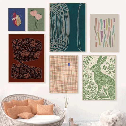 Colorful Abstract Geometric Line Poster Green Hare Flowers Modern Prints Canvas Painting Wall Art Picture Home Living Room Decor