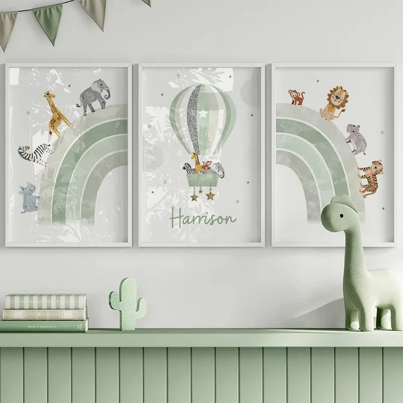Rainbow Lion Giraffe Zebra Balloon Custom Name Nursery Wall Art Canvas Painting Posters And Prints Pictures Baby Kids Room Decor