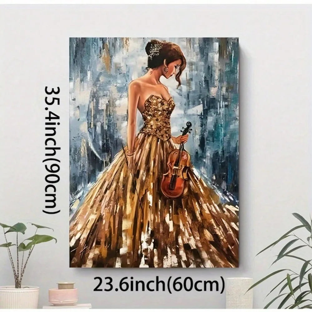 1pc Wooden Framed Canvas Poster,Girl w/Violin Abstract Oil Painting,Home/Office/Hotel Decor,Ideal Gift