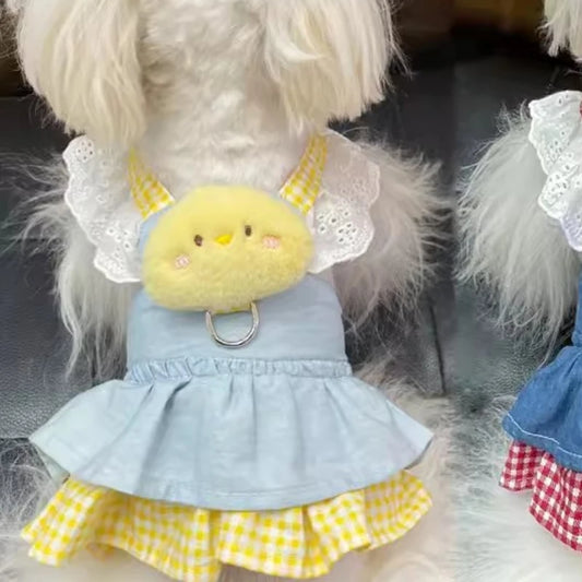 Cute Doll Puppy Dogs Harness Dress Yellow with Denim Apparel Skirt Pet Dresses Collar Chihuahua  Kawaii Clothes