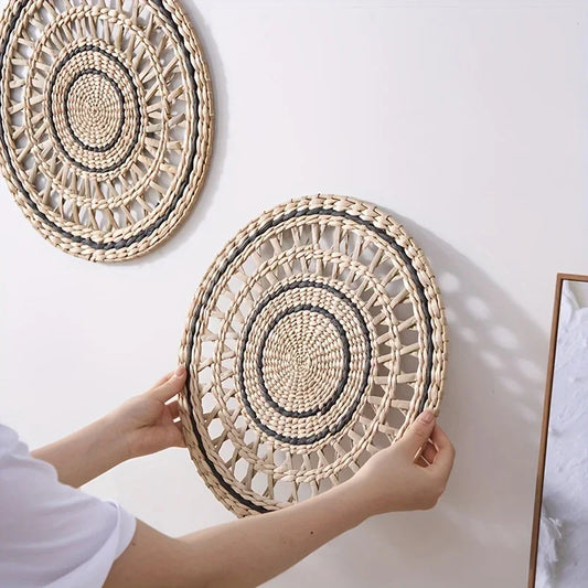 Boho Woven Hanging Plate Wall Décor Round Handcrafted Rattan Wicker Wall Decorative Basket Home Living Room Decoration