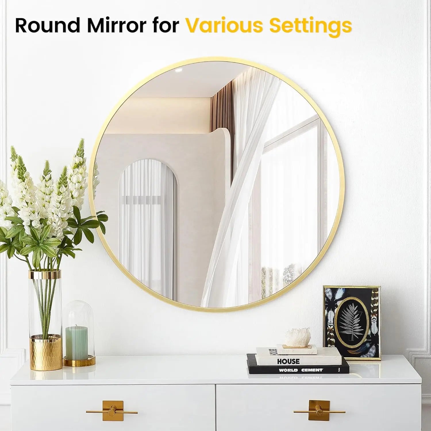Extra Thick Round Mirror Golden Aluminum Alloy Circle Framed Wall Mounted Mirror HD Eco-Friendly Wall Mirror for Vanity Bathroom