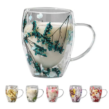350ml Double Wall Coffee Mug With Handles Clear Milk Cups Gifts Artificial Flower Glass Cup for Milk Tea Juice Hot Cold Beverage