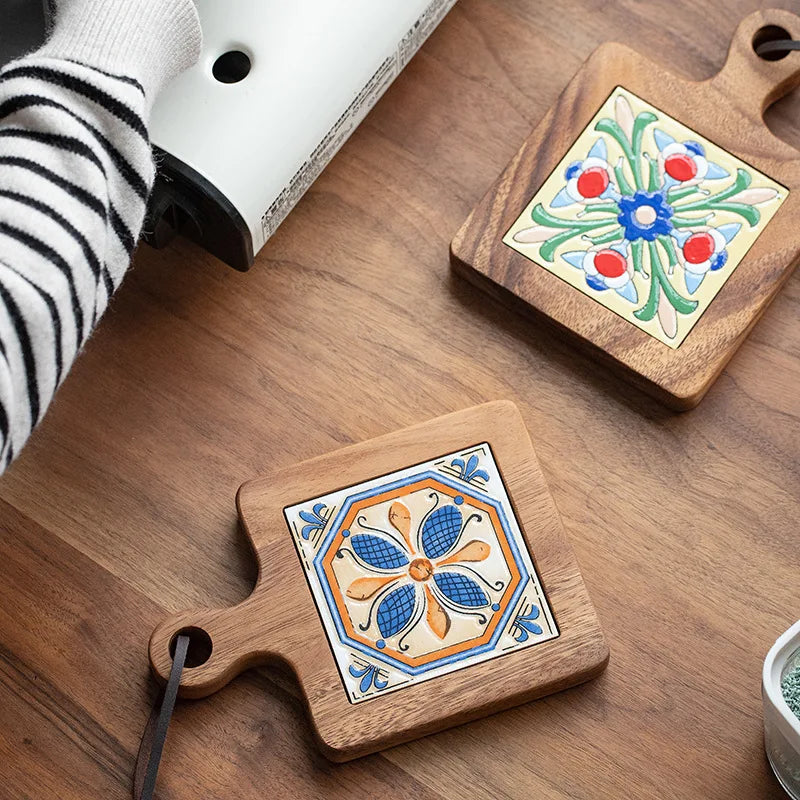 HeMu Vintage tile pot mat Solid wood home dining mat insulation mat casserole mat Heat resistant kitchen table mat pot mat