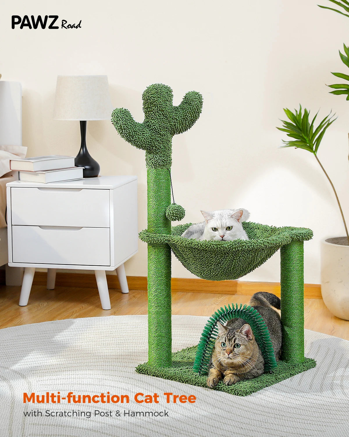 H84CM Small Cactus Cat Tree Tower for Indoor Cozy Hammock Scratching Post Self Groomer for Kitty Durable Stable Large Perch Ball
