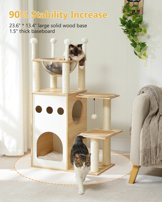 Modern Wood Cat Tree for Indoor Cat Tower Heavy Duty with Scratch Post for Extra Tall Condo Sturdy Frisco Castle with Clear Bowl