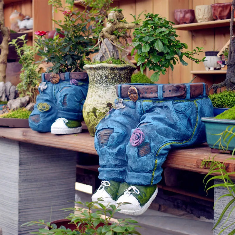 1Pc Jeans Pants Shape Flowerpot Resin Statue Succulent Flower Planter Indoor Outdoor Garden Yard Lawn Porch Patio Decoration Pot