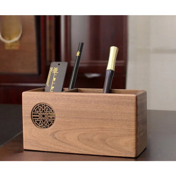 Graduation Gift Wooden Pen Holder Chinese Style Hand Carved Desk Organizer Natural Wood Stationery Storage for Students/Teachers