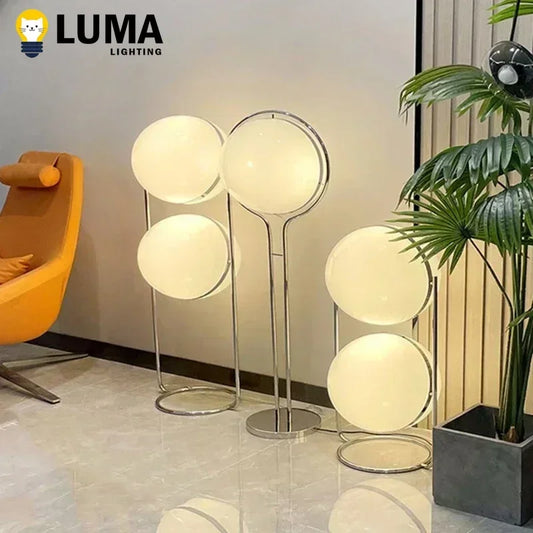 Modern Designer Chrome Floor Lamp with White Acrylic Ball Shade Modern LED Standing Light for Living Room Bedroom Bedside Decor