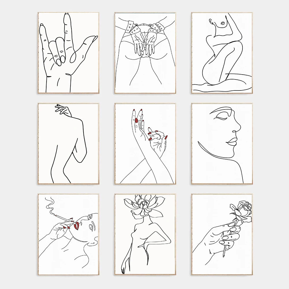 Abstract And Minimalist Sign Language And Nude Lines Female Portrait Art Poster Canvas Print Home Living Room Bedroom Wall Decor