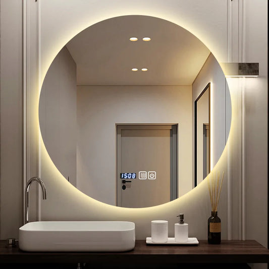 Diameter 50CM Round Smart Bathroom Mirror Washstand Round Mirror Led Light Back Luminous Connection Power Supply High Definition
