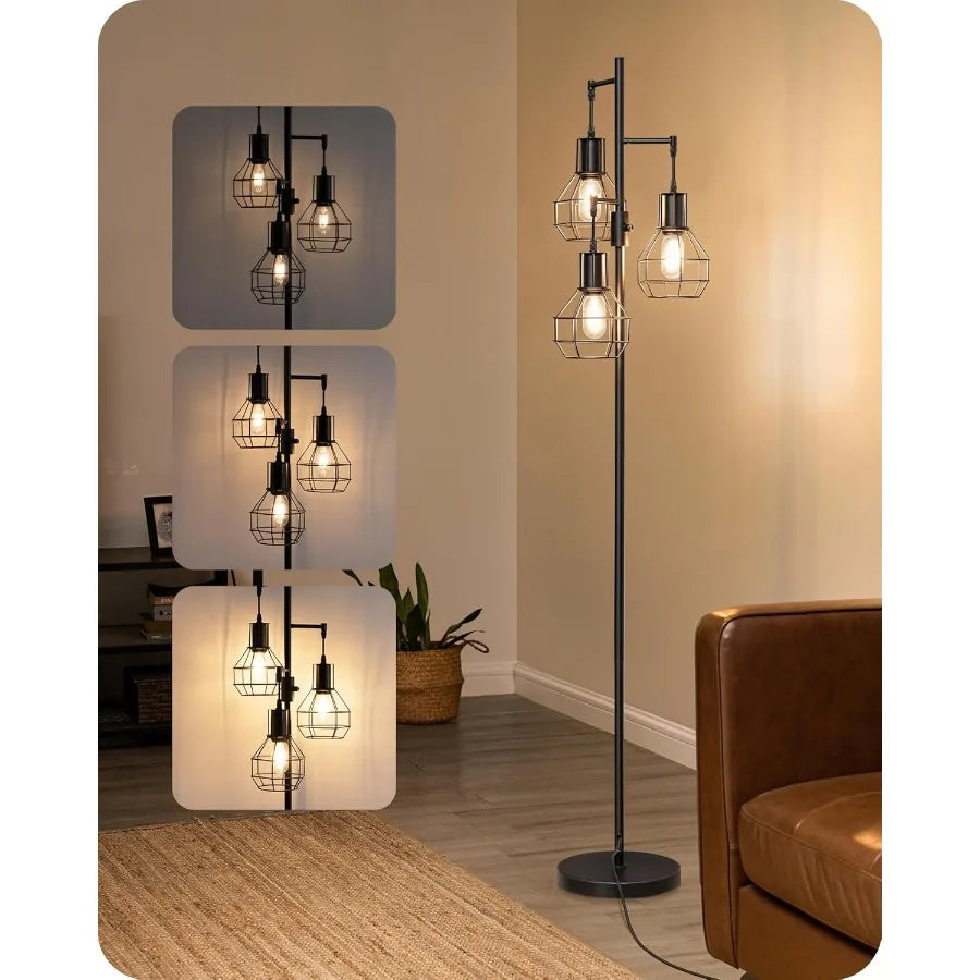 Dimmable farmhouse floor lamp with industrial style for living room featuring 3 included LED Edison bulbs black corner rustic t