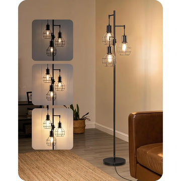 Dimmable farmhouse floor lamp with industrial style for living room featuring 3 included LED Edison bulbs black corner rustic t