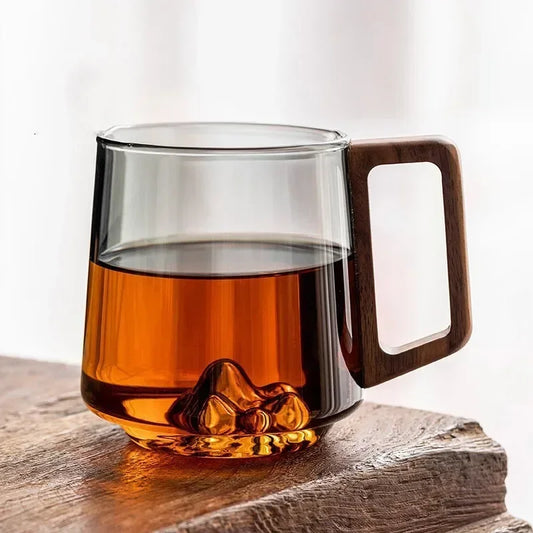 Guanshan Glass Single-layer Side Wooden Handle Drinking Cups Household Large-capacity Milk Tea Juice Single-layer Glassware