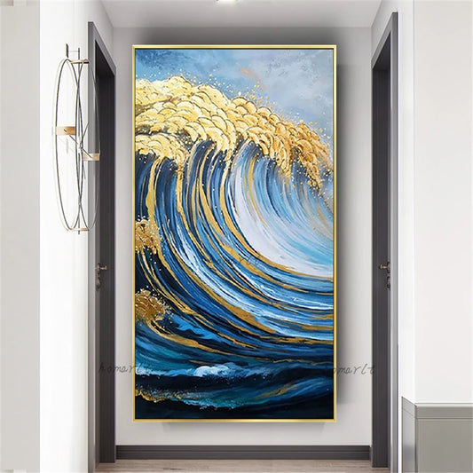 Pop Style Sea Wave Canvas Oil Painting Retro Blue Gold Vertical Panel Wall Art Pictures For Living Room Aisle Home Decor Poster