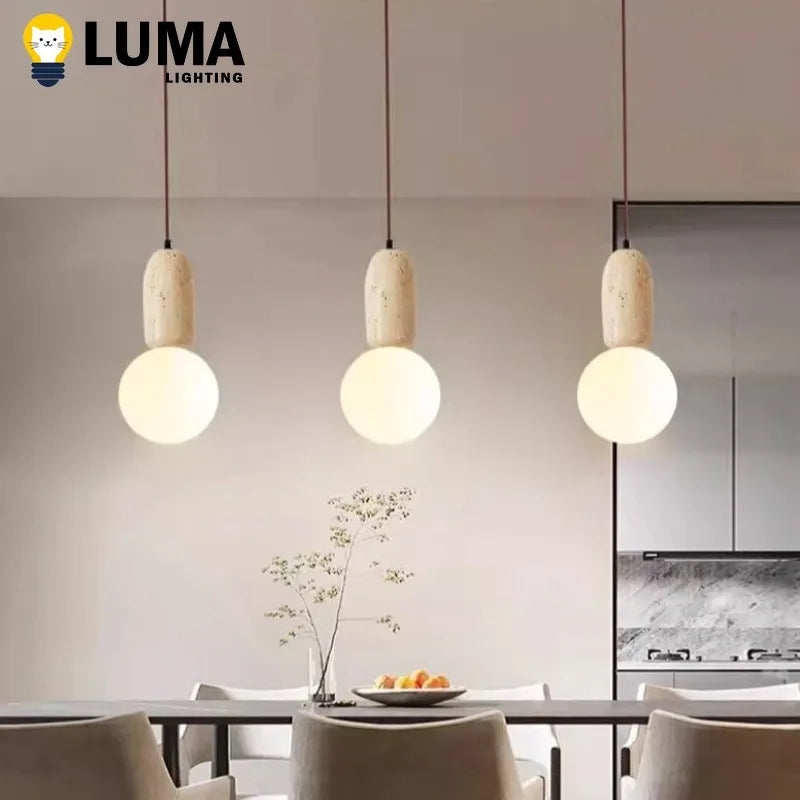 Japanese Wabi-Sabi Cave Stone Pendant Light, LED Yellow Travertine Hanging Lamp for Kitchen Island Restaurant Bedroom Decor